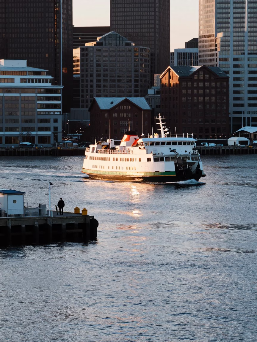 Morning Light on Halifax Waterfront with Ferry and City Skyline in in Halifax, Nova Scotia, Canada