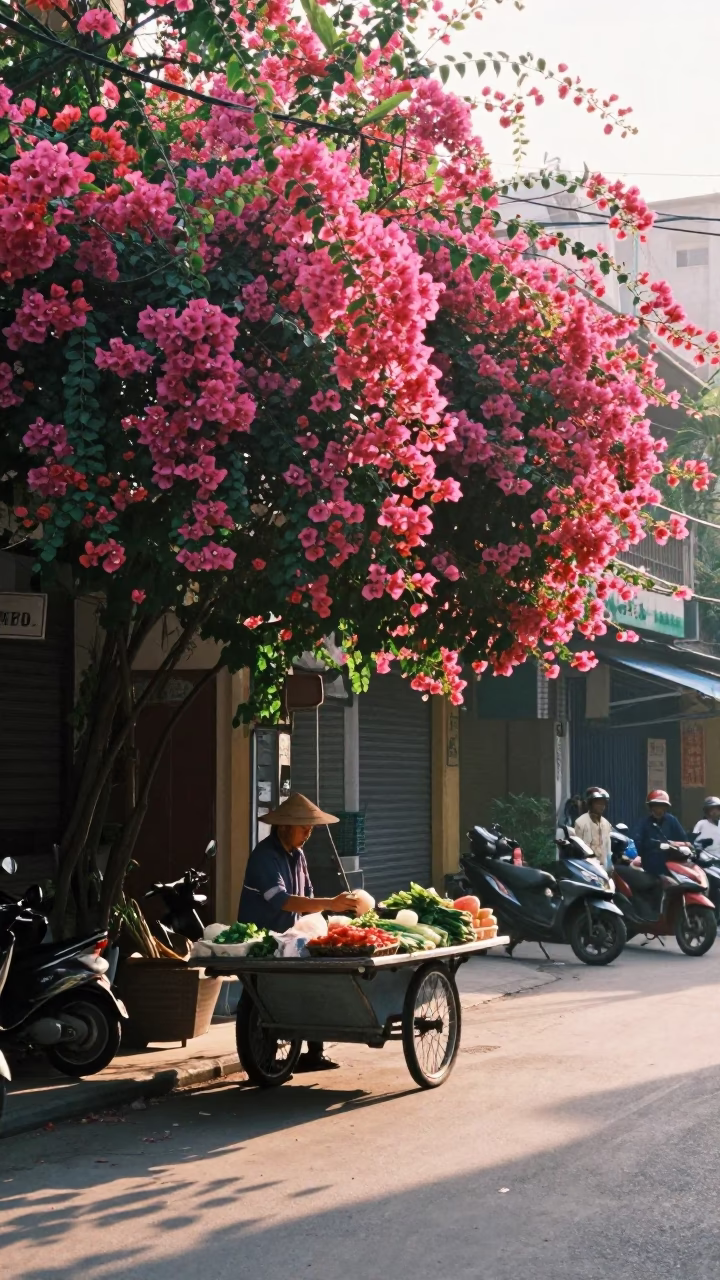 Morning Light on Hanoi Street with Bougainvillea and Local Market Activity in in Hanoi, Vietnam
