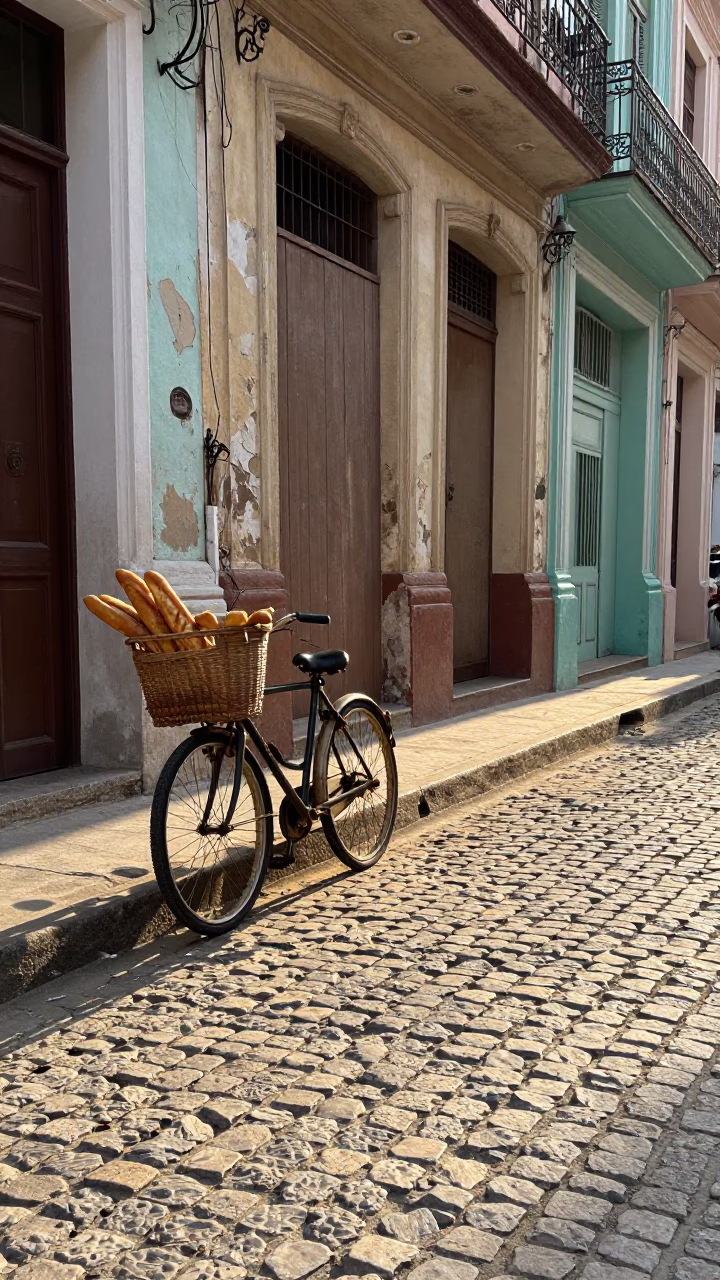 Morning Light on Havana Street with Bicycle and Baguettes in in Havana, Cuba