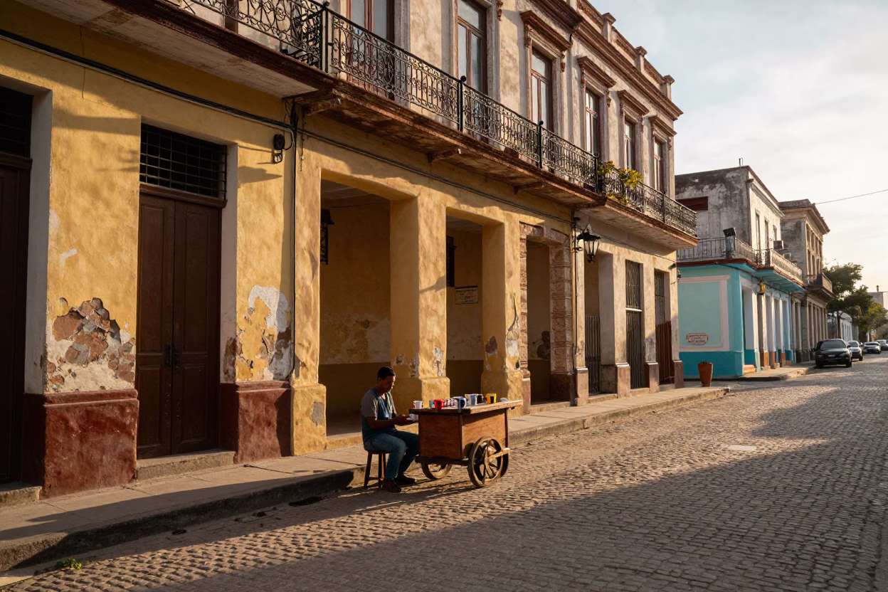 Morning Light on Havana Street with Coffee Mugs and Woven Mats in in Havana, Cuba