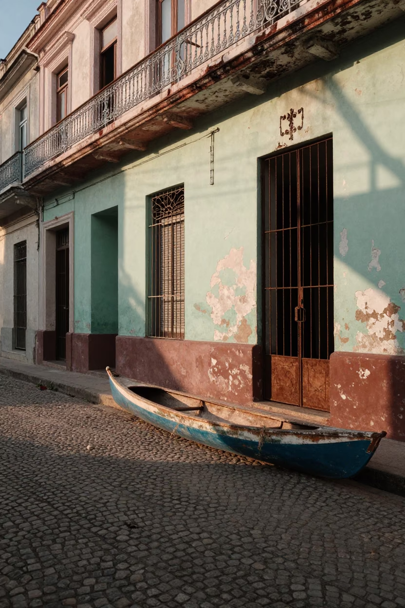 Morning Light on Havana Street with Dugout Canoe and Key Blank Detail in in Havana, Cuba