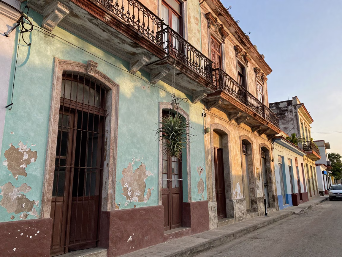Morning Light on Havana Street with Hanging Air Plant and Classic Bus in in Havana, Cuba