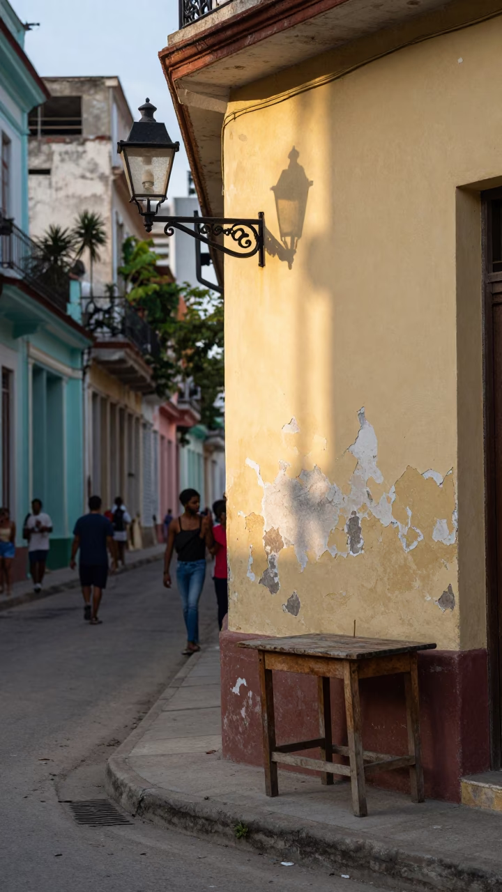 Morning Light on Havana Street with Hurricane Lamp and Ceramic Pottery Shard in in Havana, Cuba