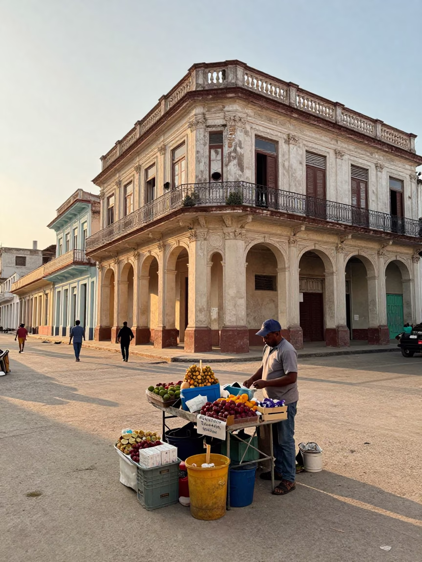 Morning Light on Havana Street with Local Market Goods and Urban Textures in in Havana, Cuba