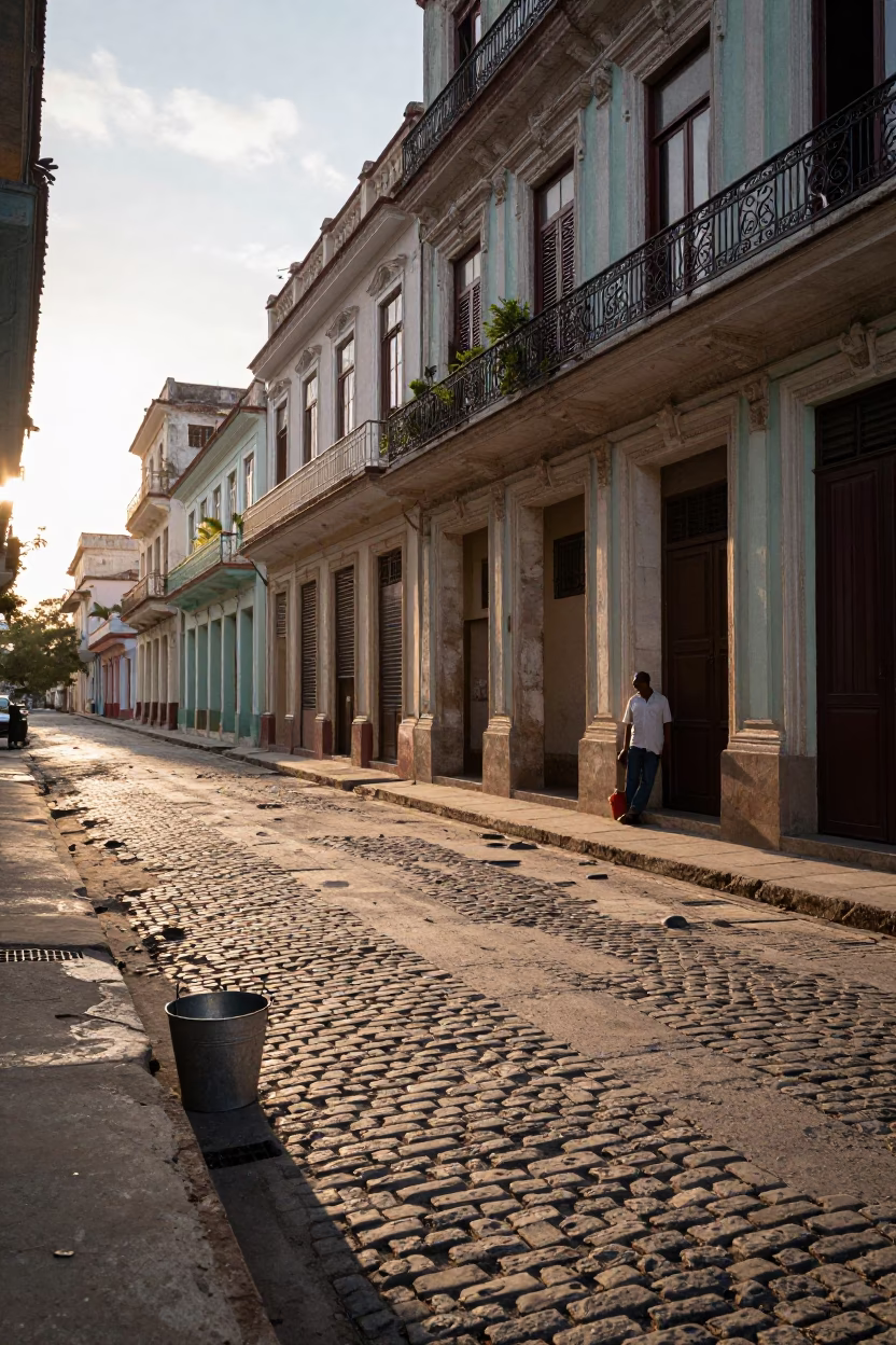 Morning Light on Havana Street with Metal Bucket and Brush Near Peeling Paint in in Havana, Cuba