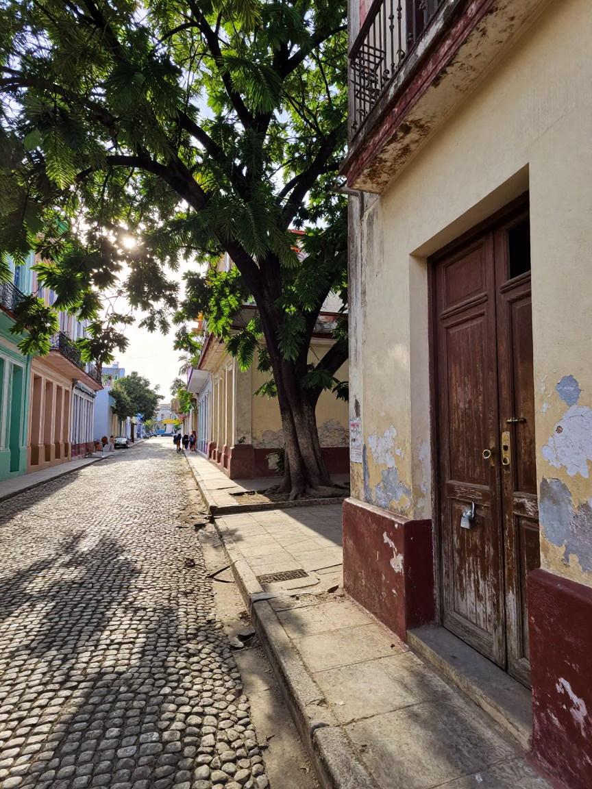 Morning light on Havana street with padlock and peeling colonial architecture in in Havana, Cuba