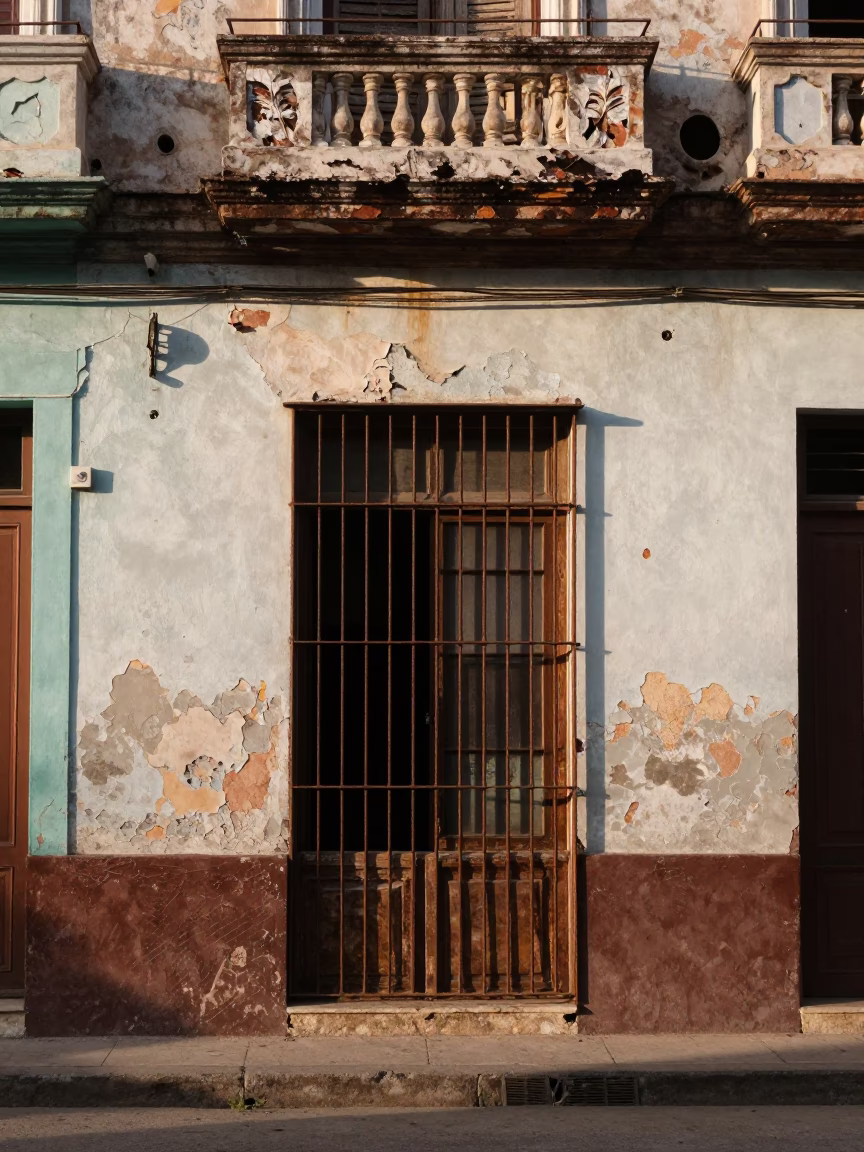 Morning Light on Havana Street with Peeling Paint and Local Life in in Havana, Cuba