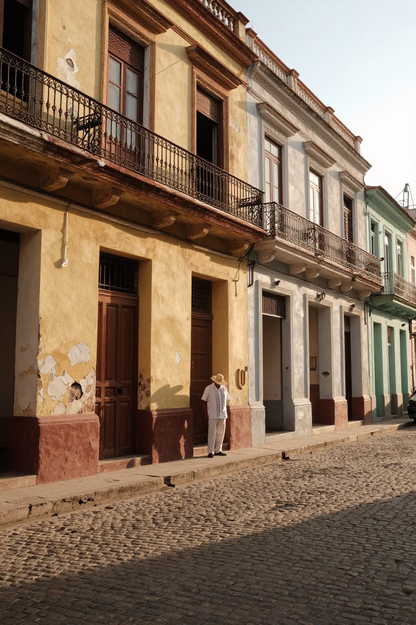 Morning Light on Havana Street with Sun Hats and Indigo Fabric Drying in in Havana, Cuba