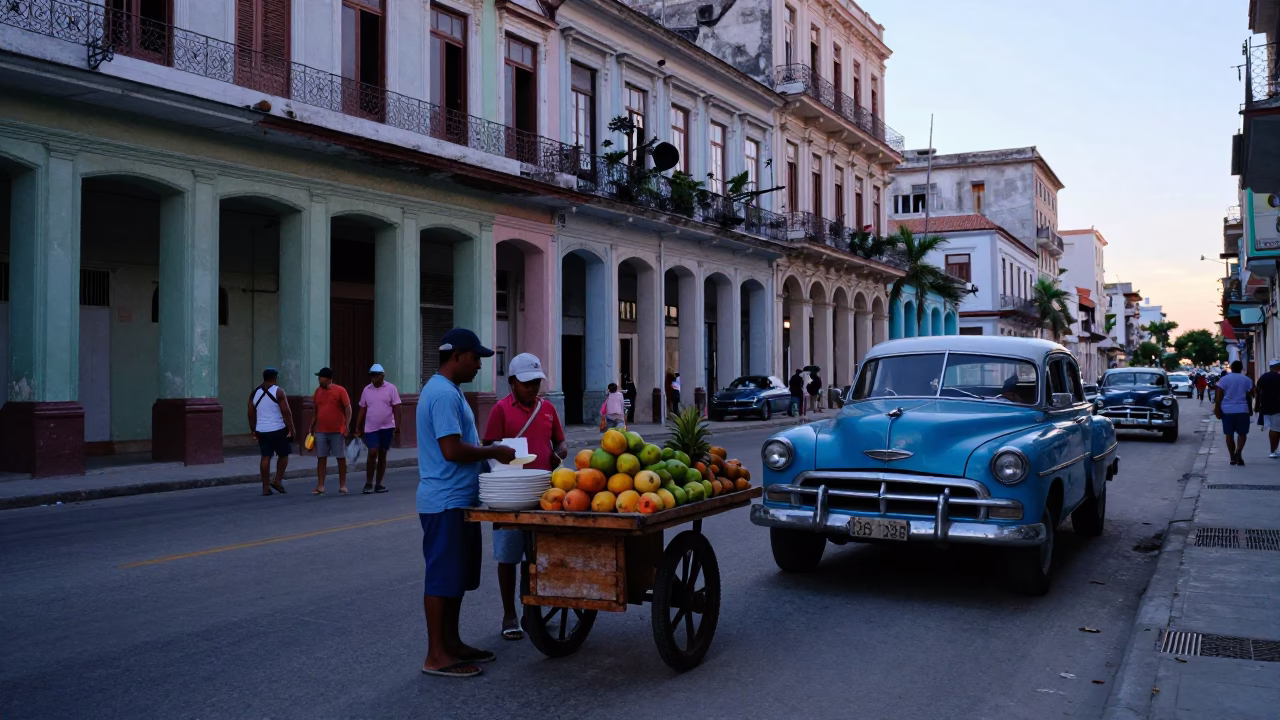 Morning Light on Havana Street with Vintage Car and Local Life in in Havana, Cuba
