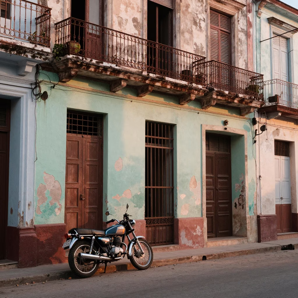 Morning Light on Havana Street with Vintage Motorcycle and Local Life in in Havana, Cuba
