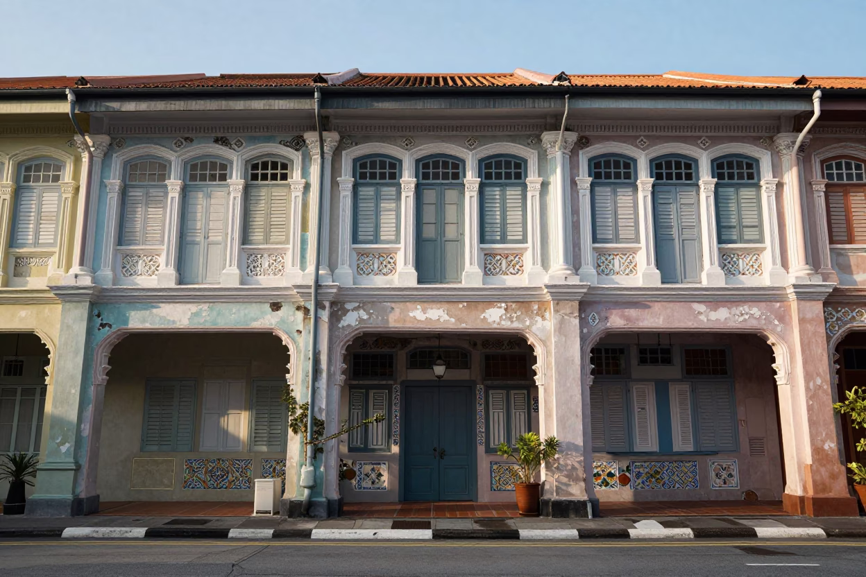 Morning Light on Heritage Shophouse Facade in Singapore with Street Details in in Singapore, Singapore