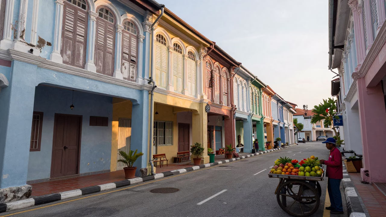 Morning Light on Heritage Shophouses in George Town Malaysia Street Scene in in George Town, Malaysia