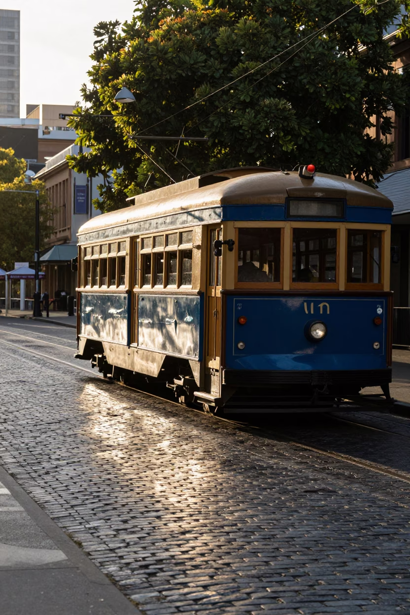 Morning Light on Heritage Tram in Melbourne Victoria Cobblestone Street in in Melbourne, Victoria, Australia