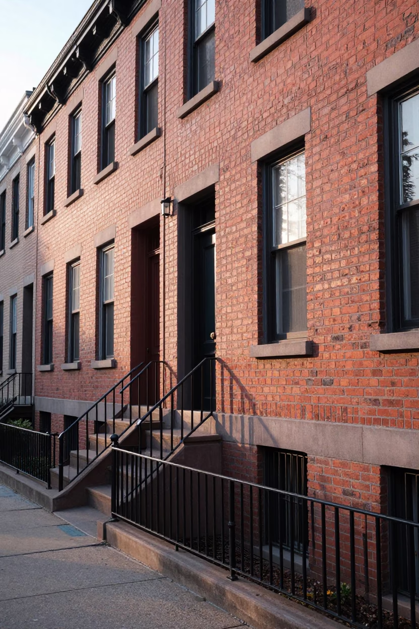 Morning light on historic brick rowhomes in Philadelphia Pennsylvania with sidewalk details in in Philadelphia, Pennsylvania, United States