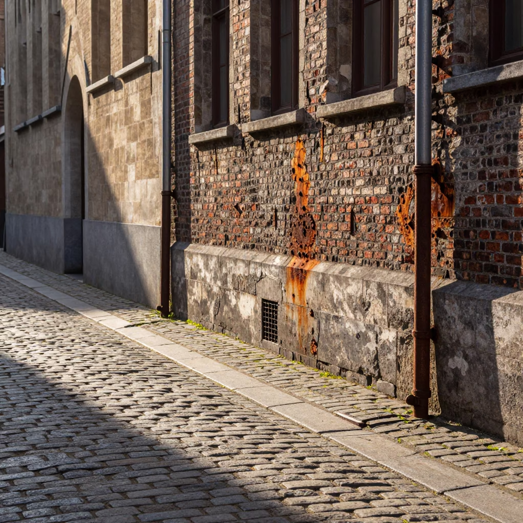Morning light on historic Brussels cobblestones with rusted iron details and quiet street corner in in Brussels, Belgium