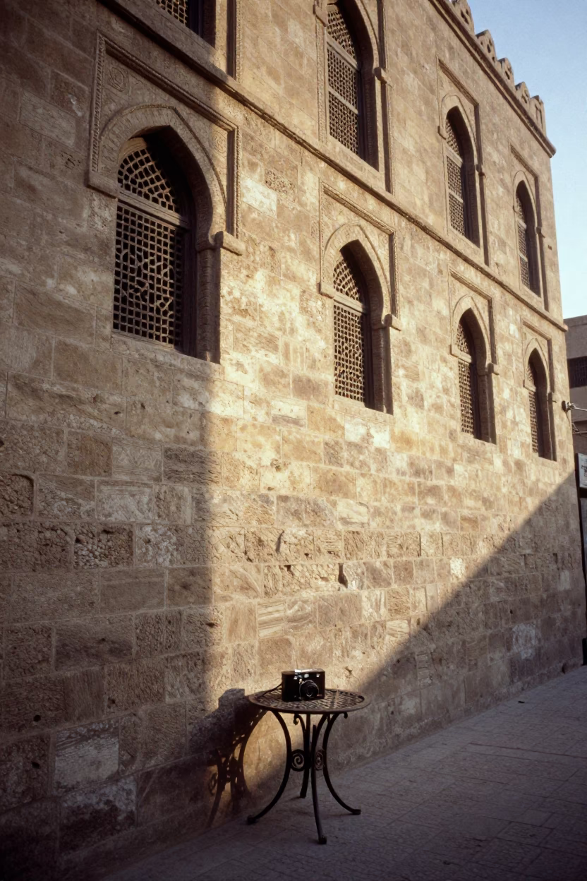 Morning Light on Historic Cairo Stone Facade with Traditional Tea Service in in Cairo, Egypt