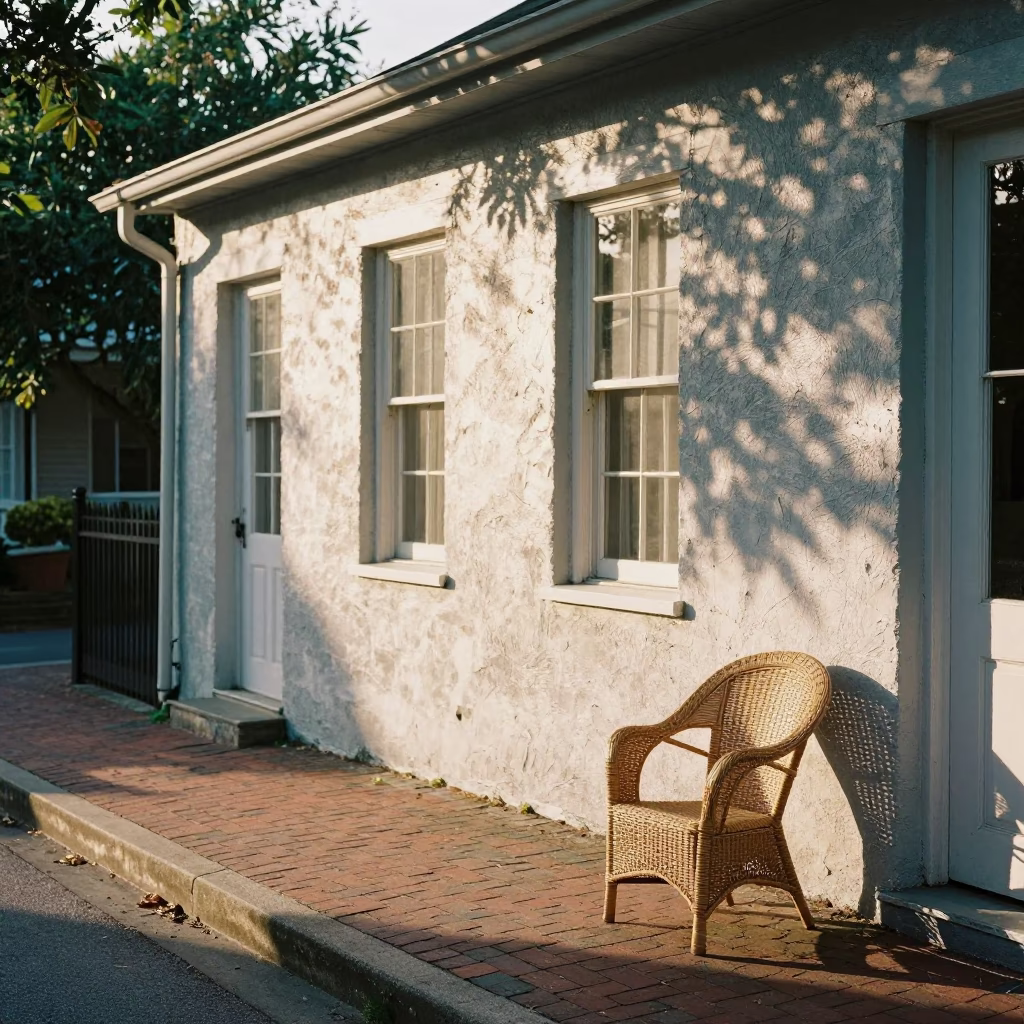 Morning light on historic Charleston street with wicker chair and condensation on doorframe in in Charleston, South Carolina, United States