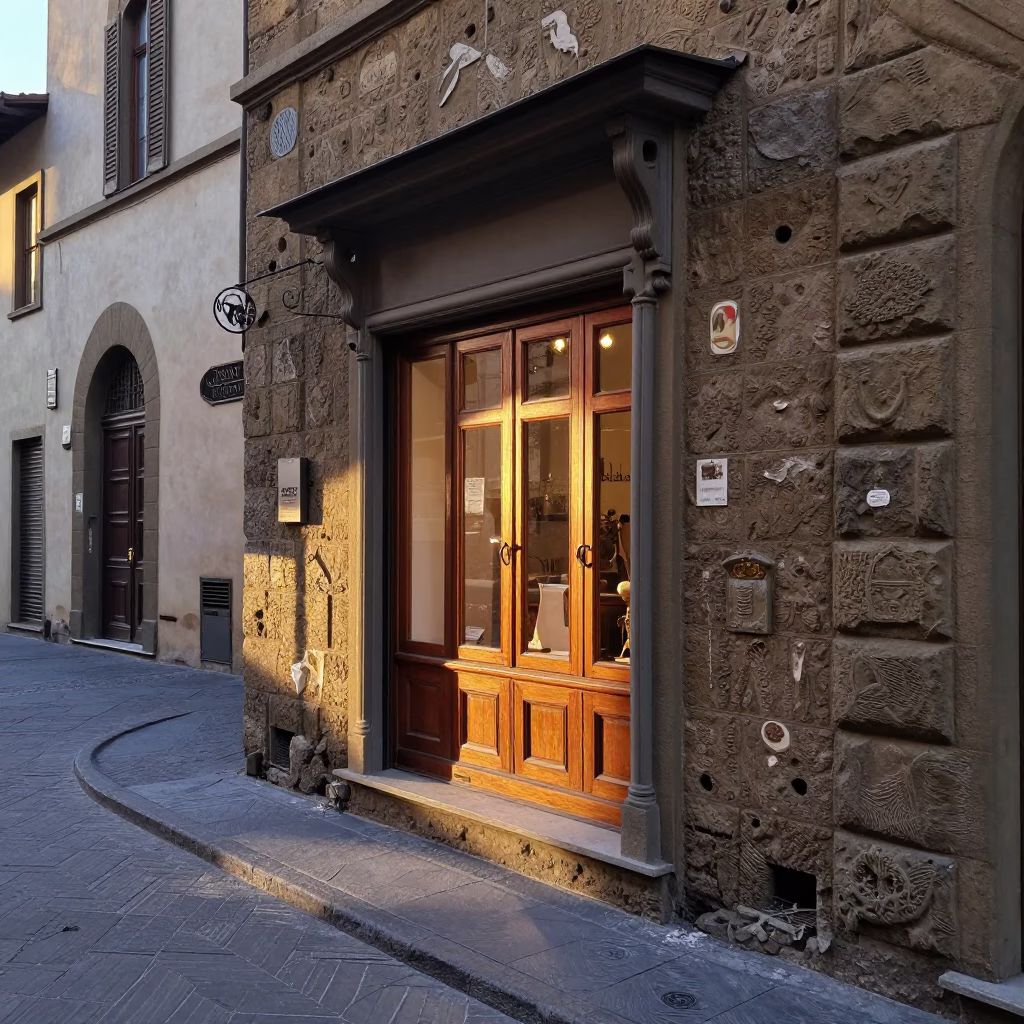 Morning light on historic Florence stone architecture and street details in in Florence, Italy