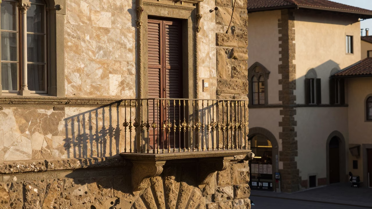 Morning light on historic Florence stone balcony with brass fixtures and urban street view in in Florence, Italy