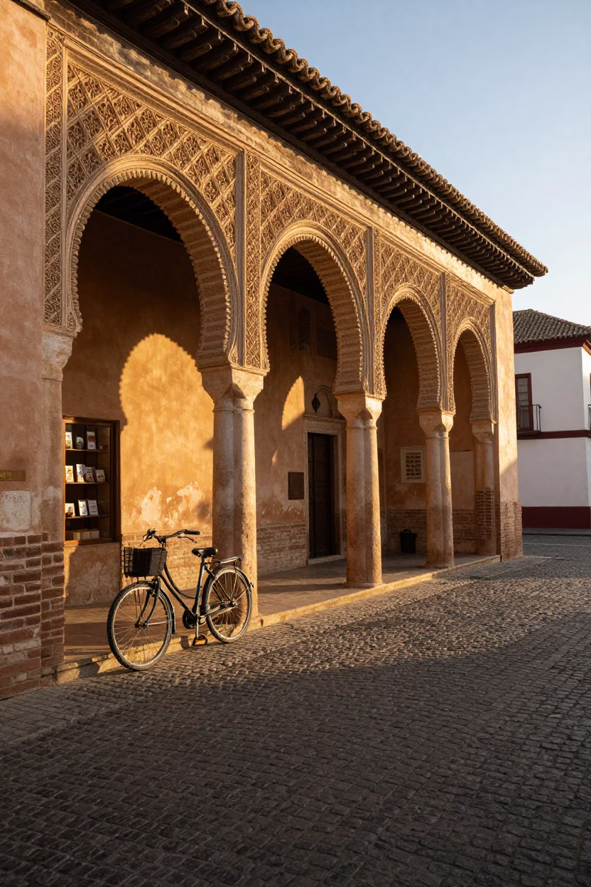 Morning light on historic Granada streets with vintage bicycle and bakery storefront in in Granada, Spain