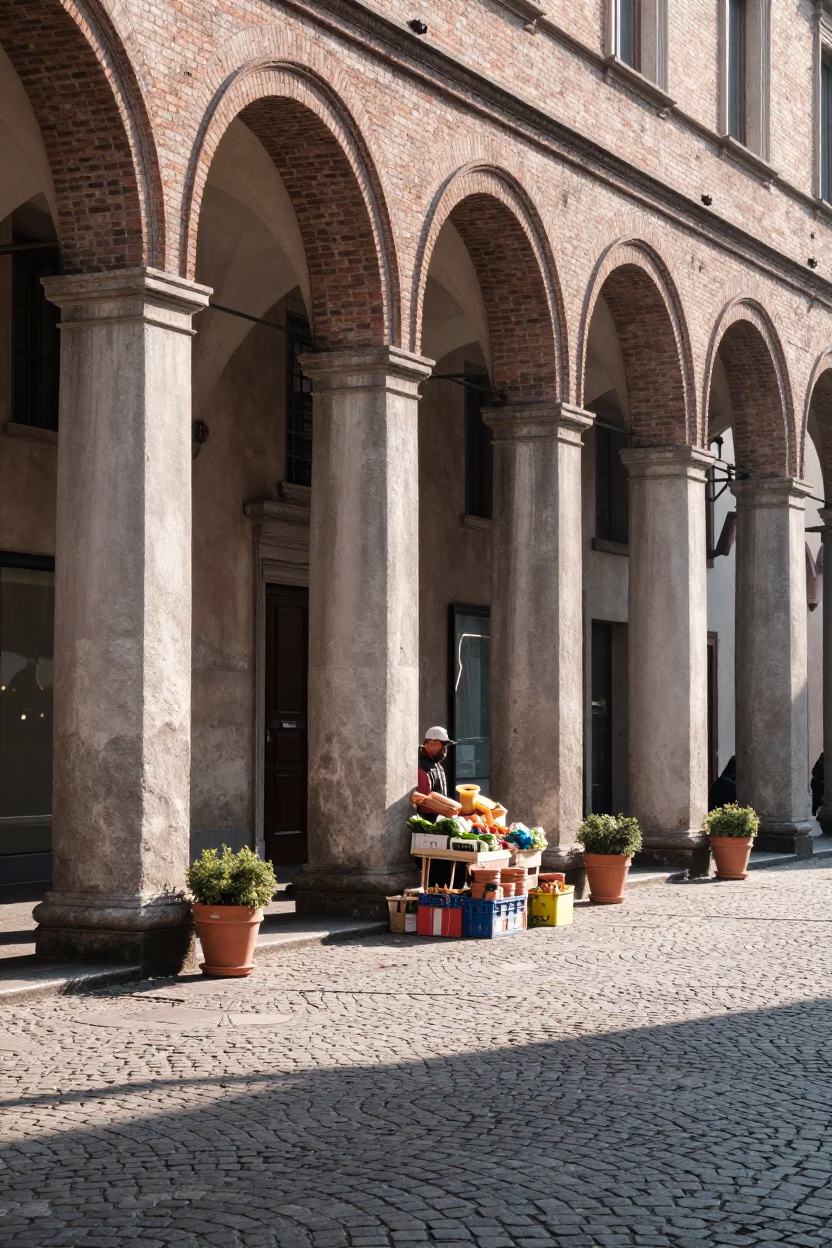 Morning light on historic Milan arcade with terracotta pots and local street life in in Milan, Italy