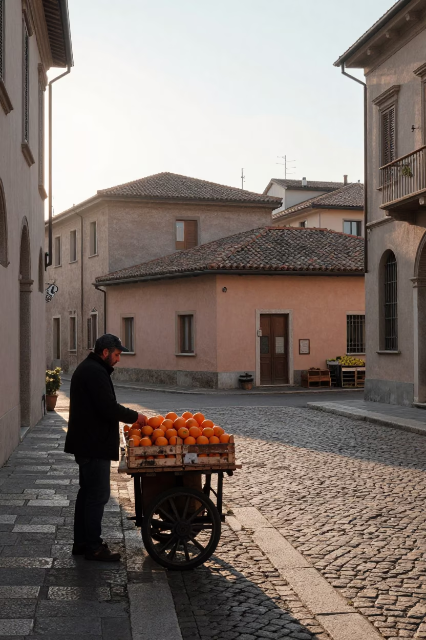 Morning light on historic Milan architecture with fruit crate and brushed steel details in in Milan, Italy