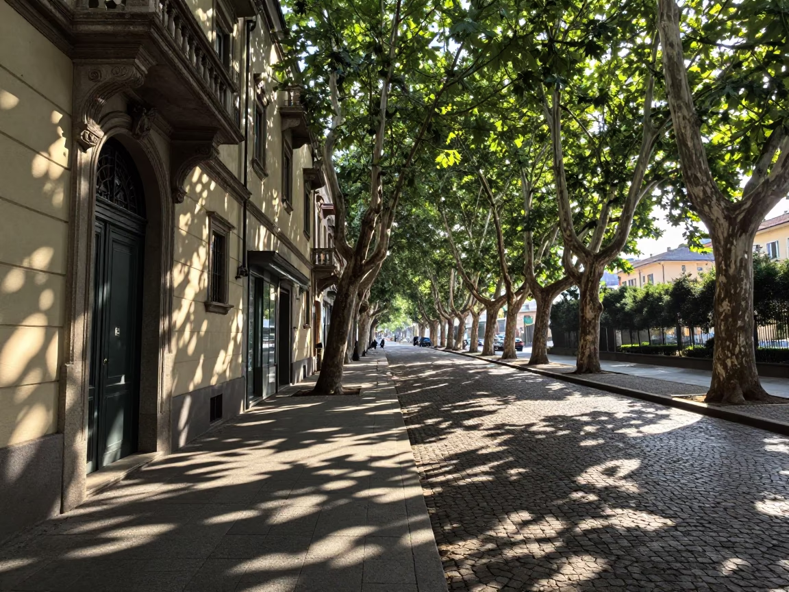 Morning light on historic Milan street with leaf shadows and local details in in Milan, Italy