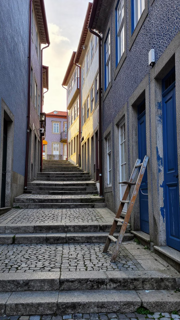 Morning Light on Historic Porto Street with Stone Ladder and Local Commerce in in Porto, Portugal