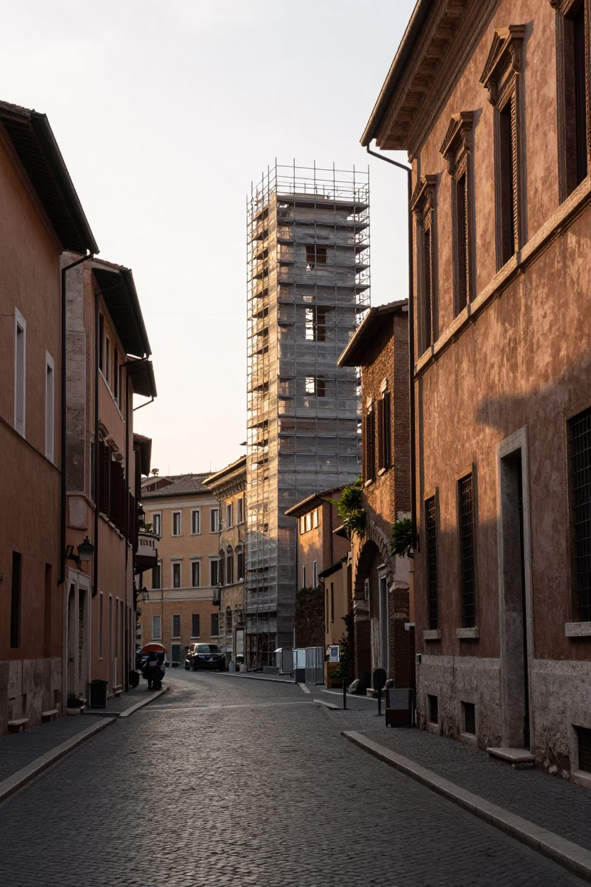 Morning light on historic Roman street with scaffolding and traditional architecture in in Rome, Italy