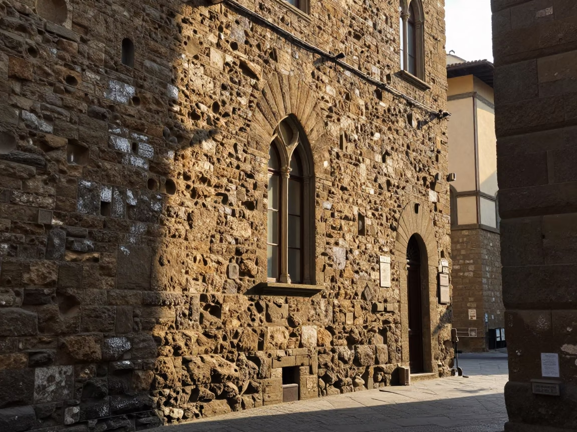 Morning light on historic stone walls with fresh artichokes and condensation in Florence Italy in in Florence, Italy