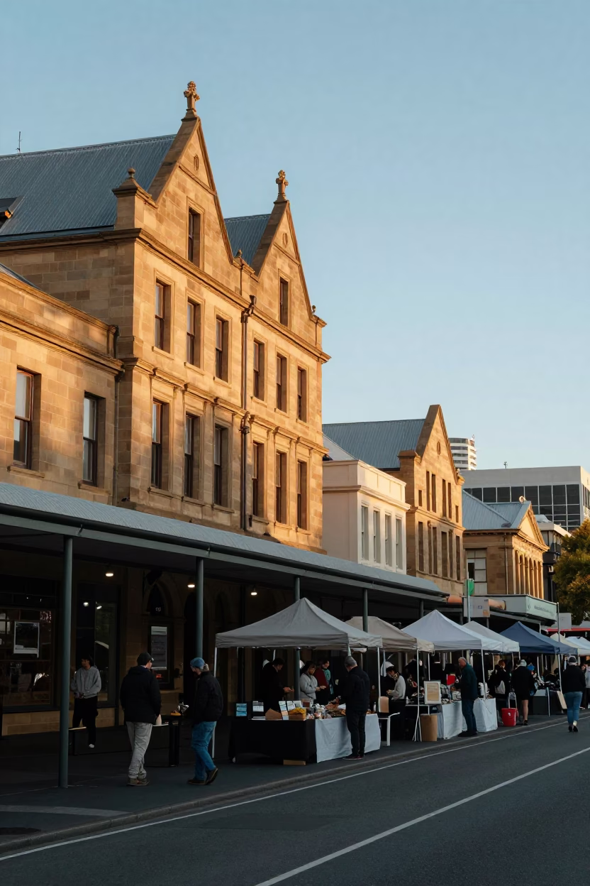 Morning Light on Hobart's Salamanca Place with Heritage Architecture and Market Stalls in in Hobart, Tasmania, Australia