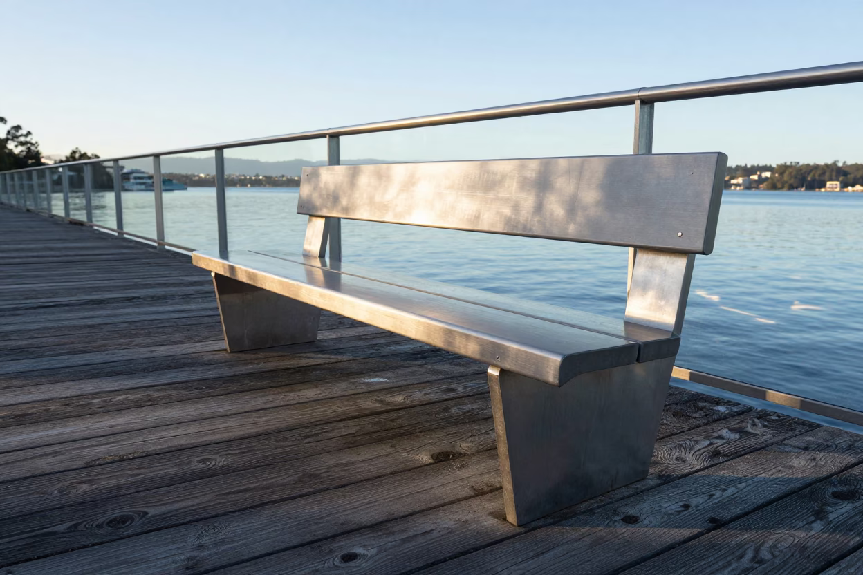 Morning Light on Hobart Waterfront Steel Bench and Glass Jar Near Salamanca Market in in Hobart, Tasmania, Australia