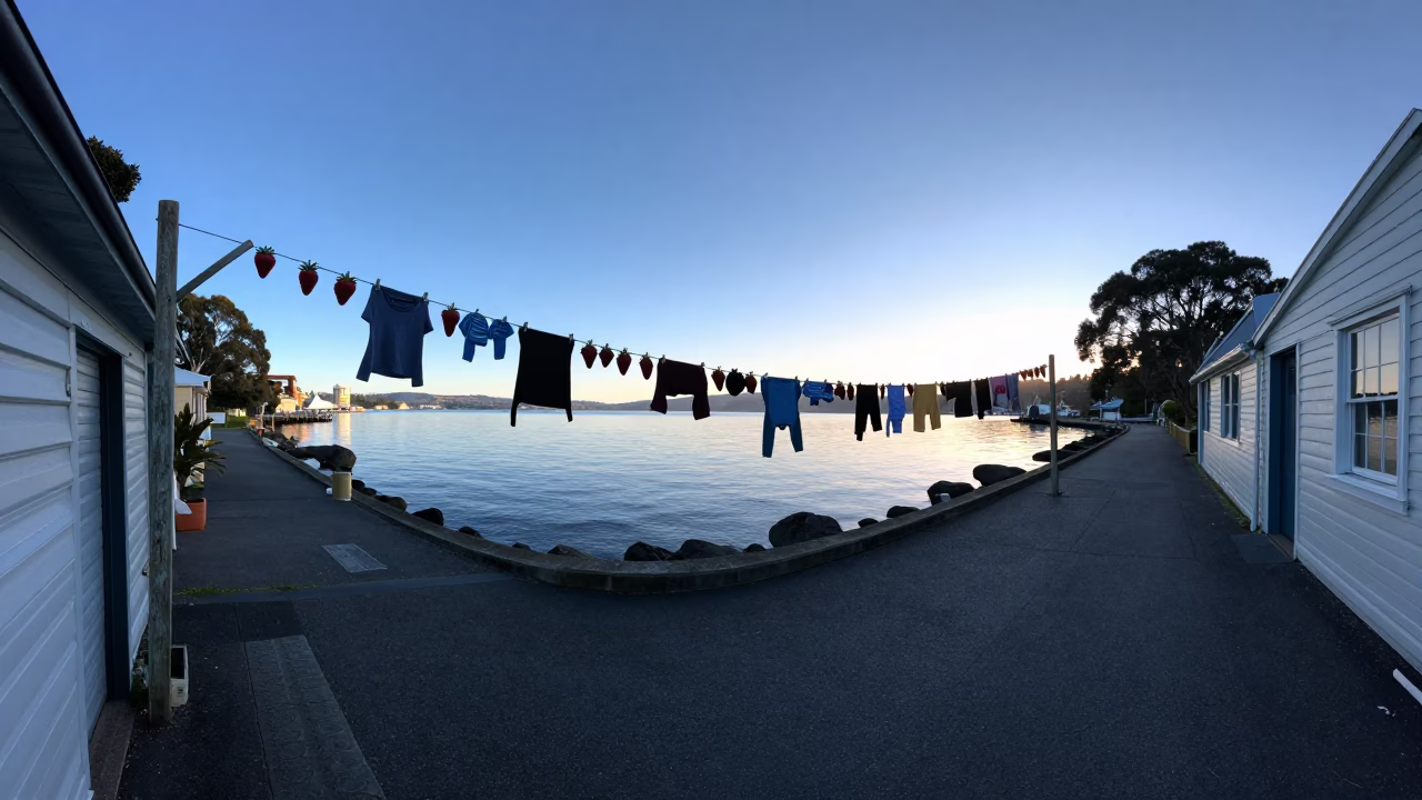 Morning light on Hobart waterfront with berry and clothesline details in in Hobart, Tasmania, Australia