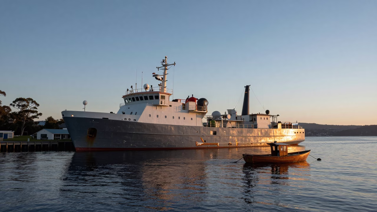 Morning Light on Hobart Waterfront with Research Vessel and Wooden Boat in in Hobart, Tasmania, Australia