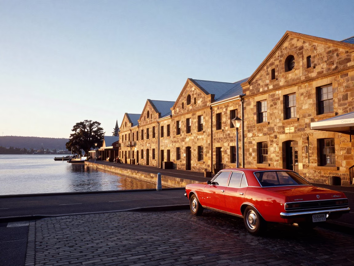 Morning Light on Hobart Waterfront with Vintage 1980s Street Scene and Local Activity in in Hobart, Tasmania, Australia