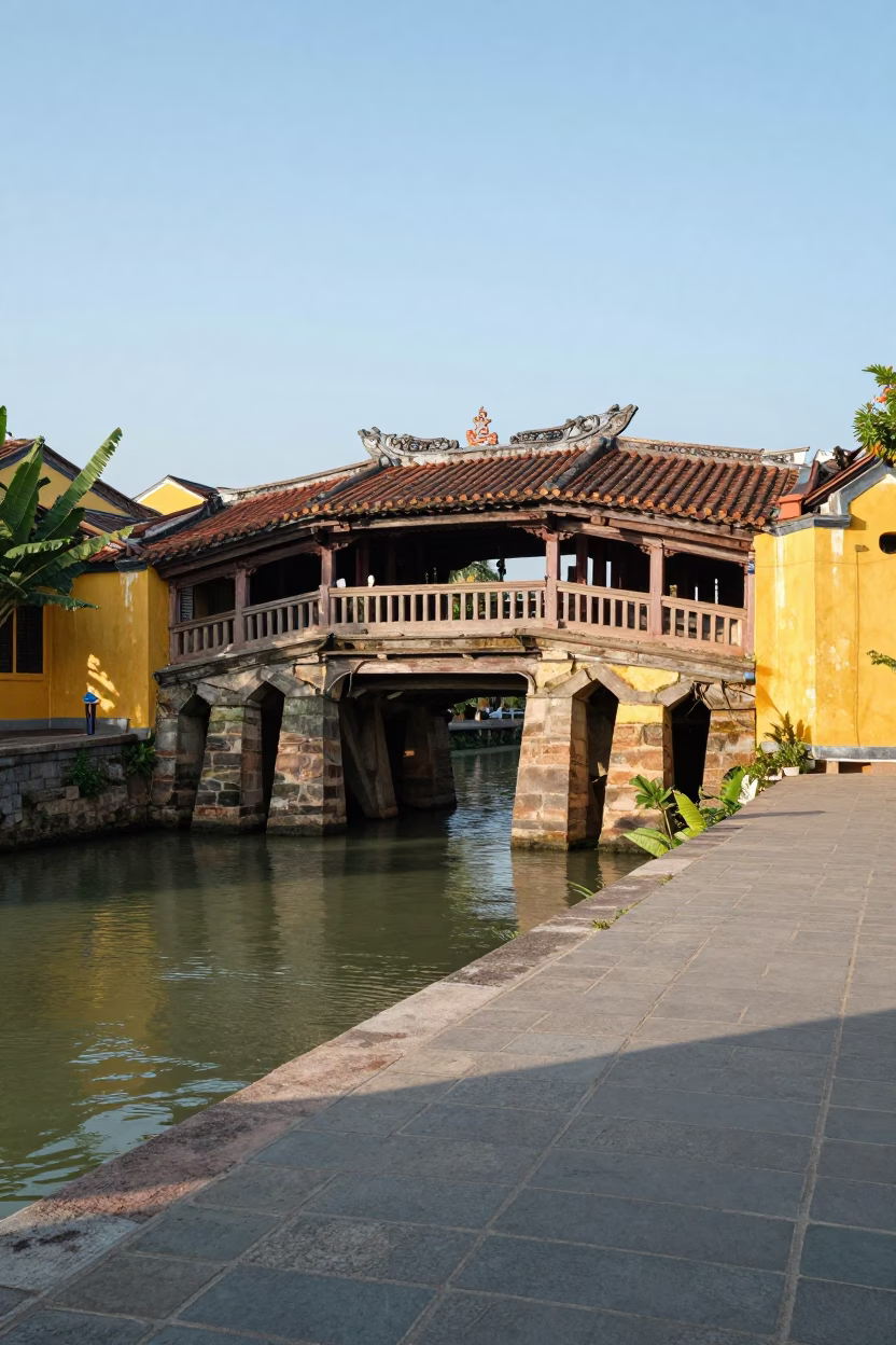 Morning Light on Hoi An Ancient Town Bridge and River Street Scene in in Hoi An, Vietnam