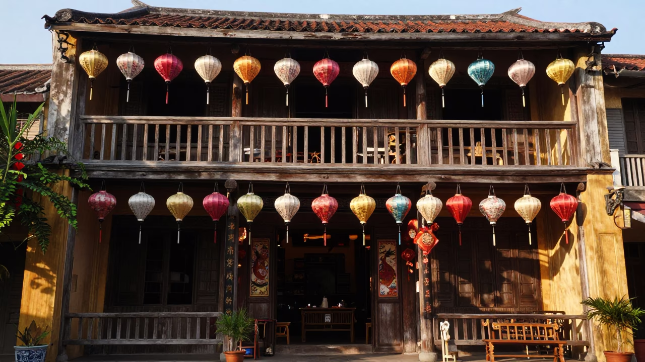 Morning Light on Hoi An Ancient Town Lanterns and Tailor Shop Interior in in Hoi An, Vietnam