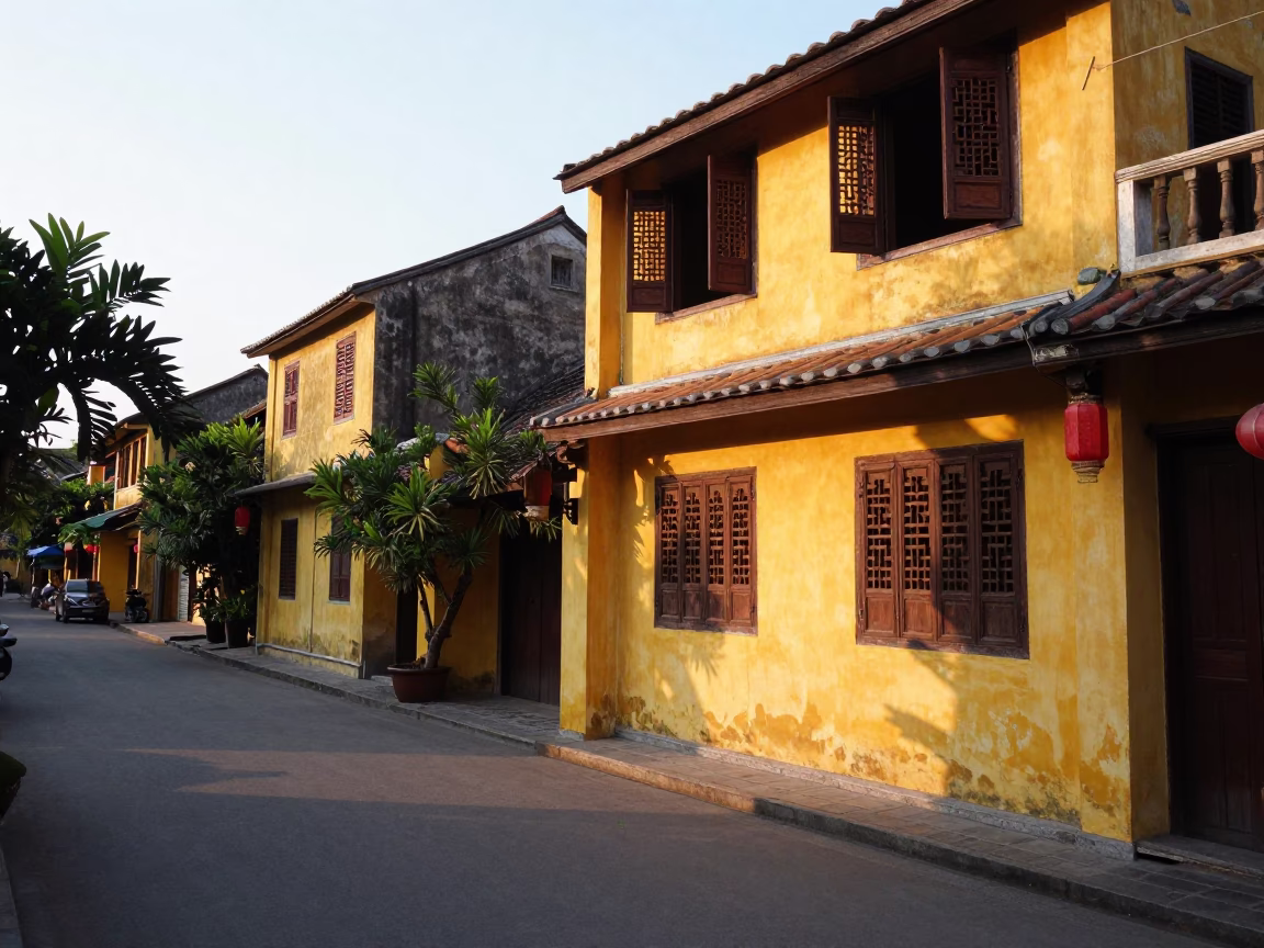 Morning Light on Hoi An Ancient Town Yellow Walls and Lanterns at Sunrise in in Hoi An, Vietnam