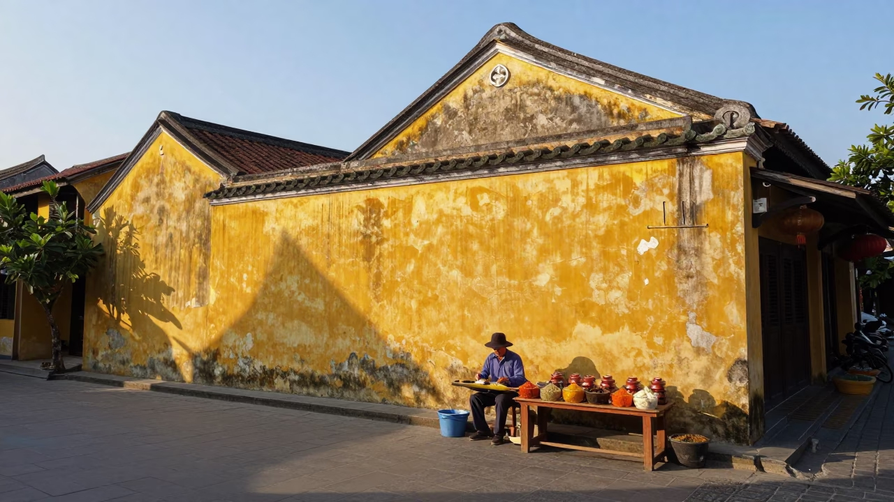 Morning light on Hoi An ancient town yellow walls and lanterns in in Hoi An, Vietnam