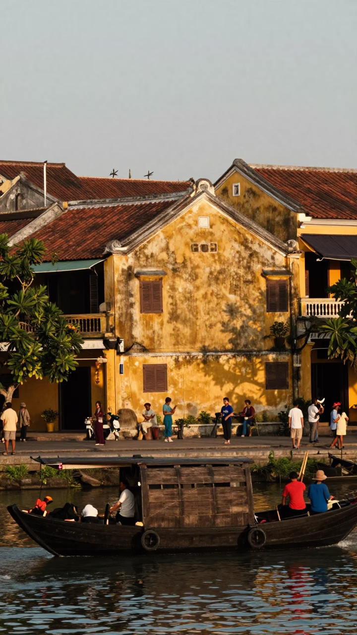 Morning Light on Hoi An Ancient Town Yellow Walls and River Activity in in Hoi An, Vietnam