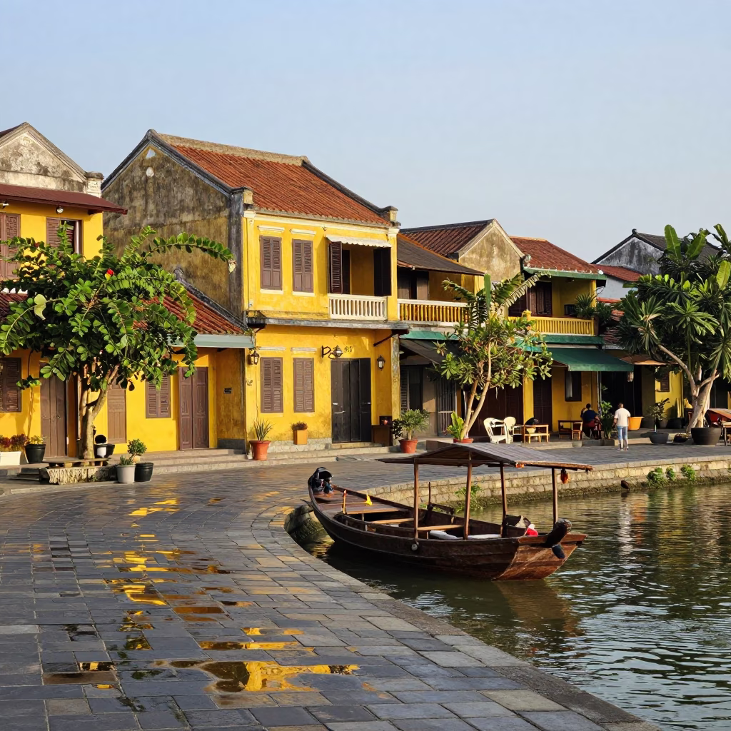Morning Light on Hoi An Ancient Town Yellow Walls and River in in Hoi An, Vietnam