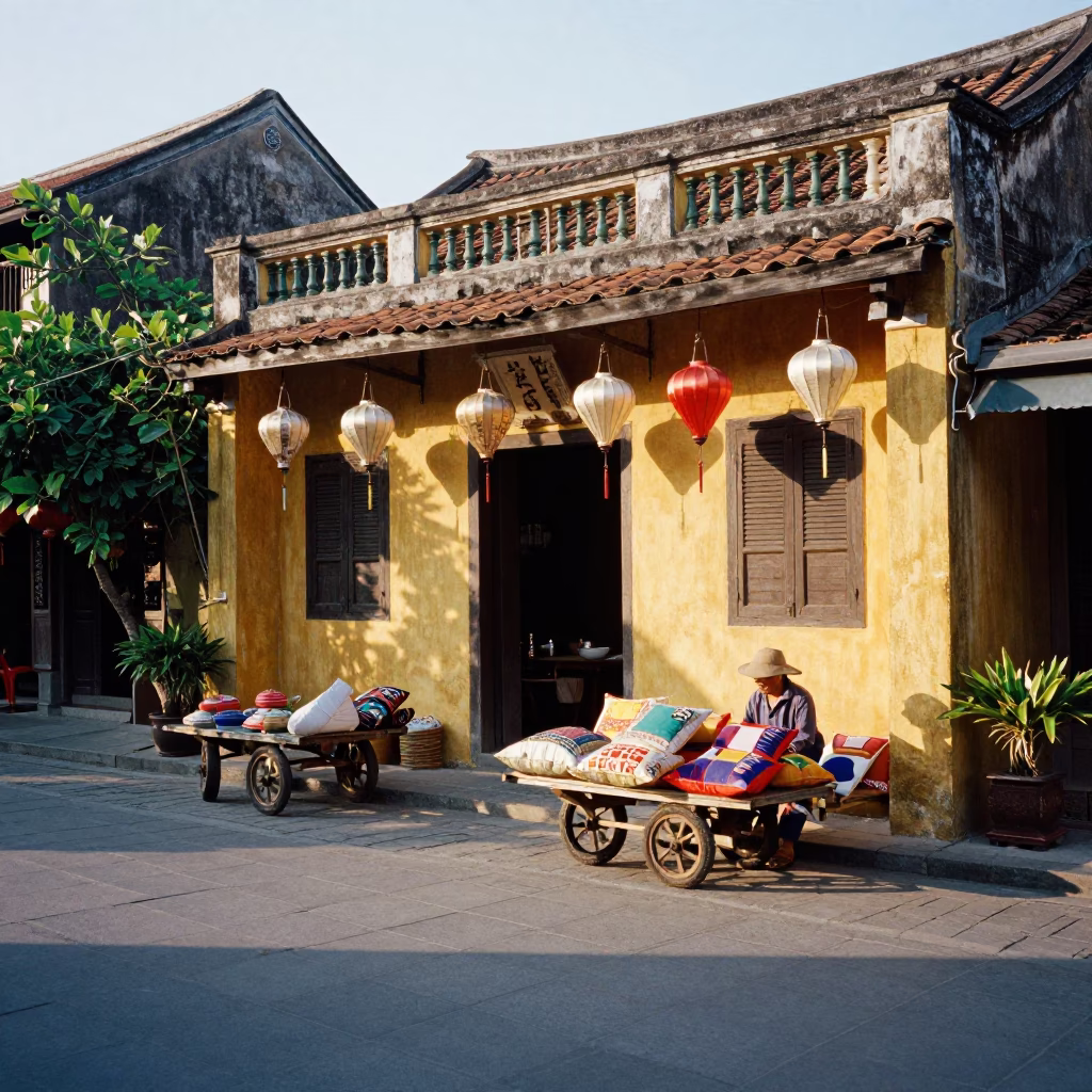 Morning light on Hoi An lanterns and street vendors with patchwork textiles in in Hoi An, Vietnam