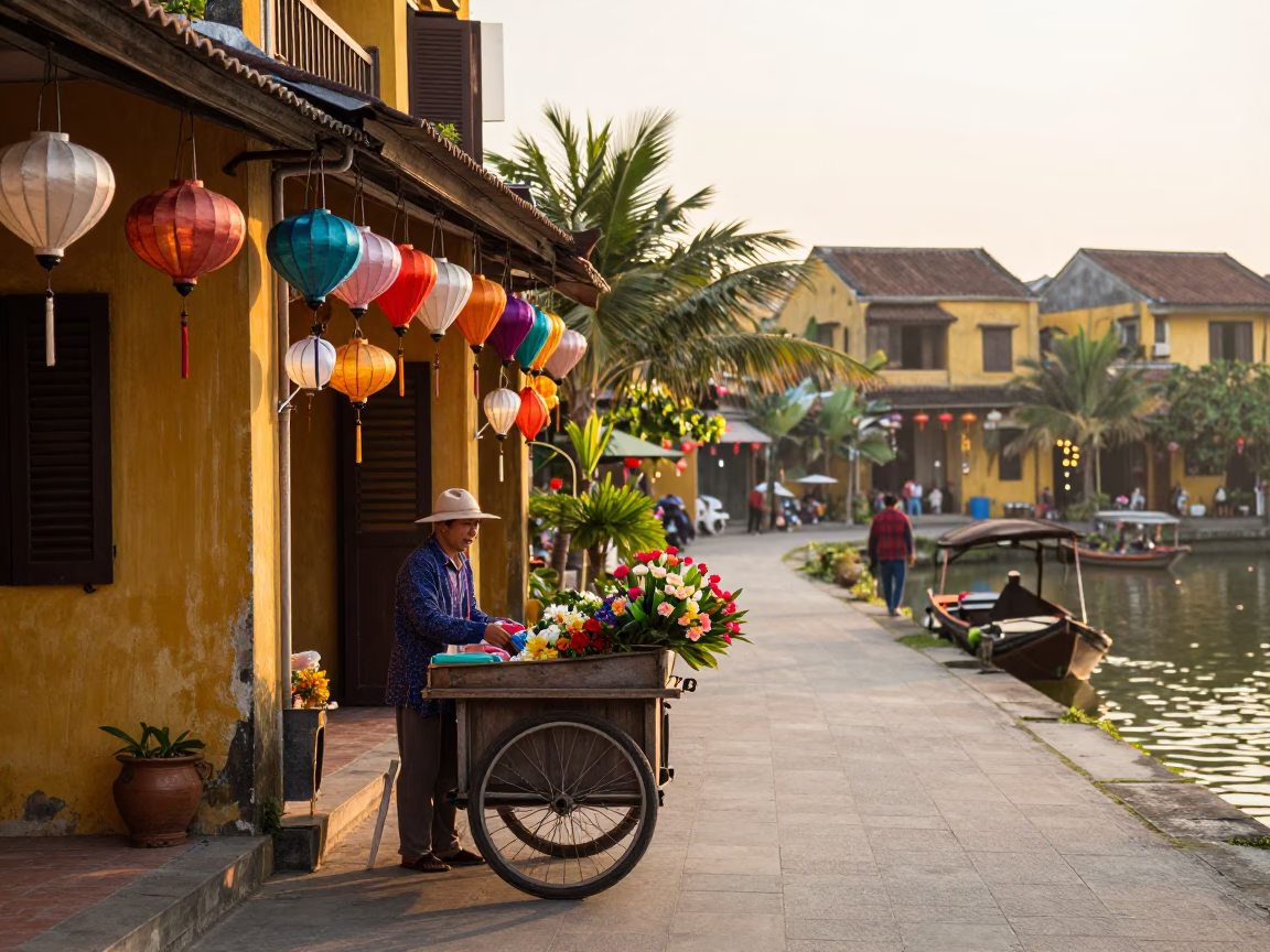 Morning Light on Hoi An River Street with Paper Lanterns and Local Life in in Hoi An, Vietnam