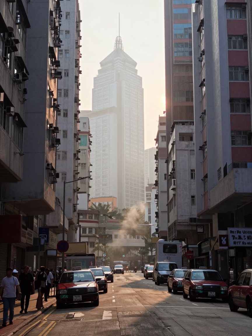 Morning Light on Hong Kong Street with Steam Haze and Watering Bottle in in Hong Kong, Hong Kong