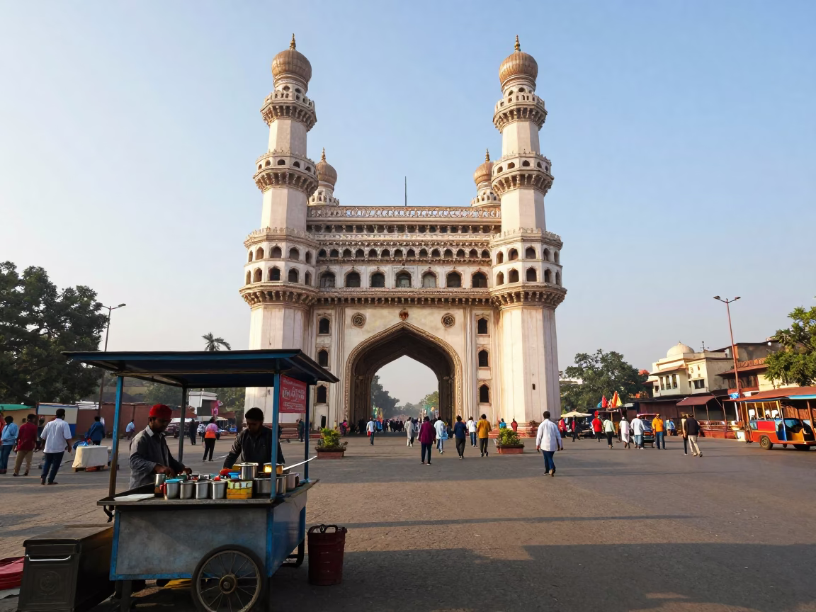 Morning light on Hyderabad Charminar with street tea stall and local commerce in in Hyderabad, India