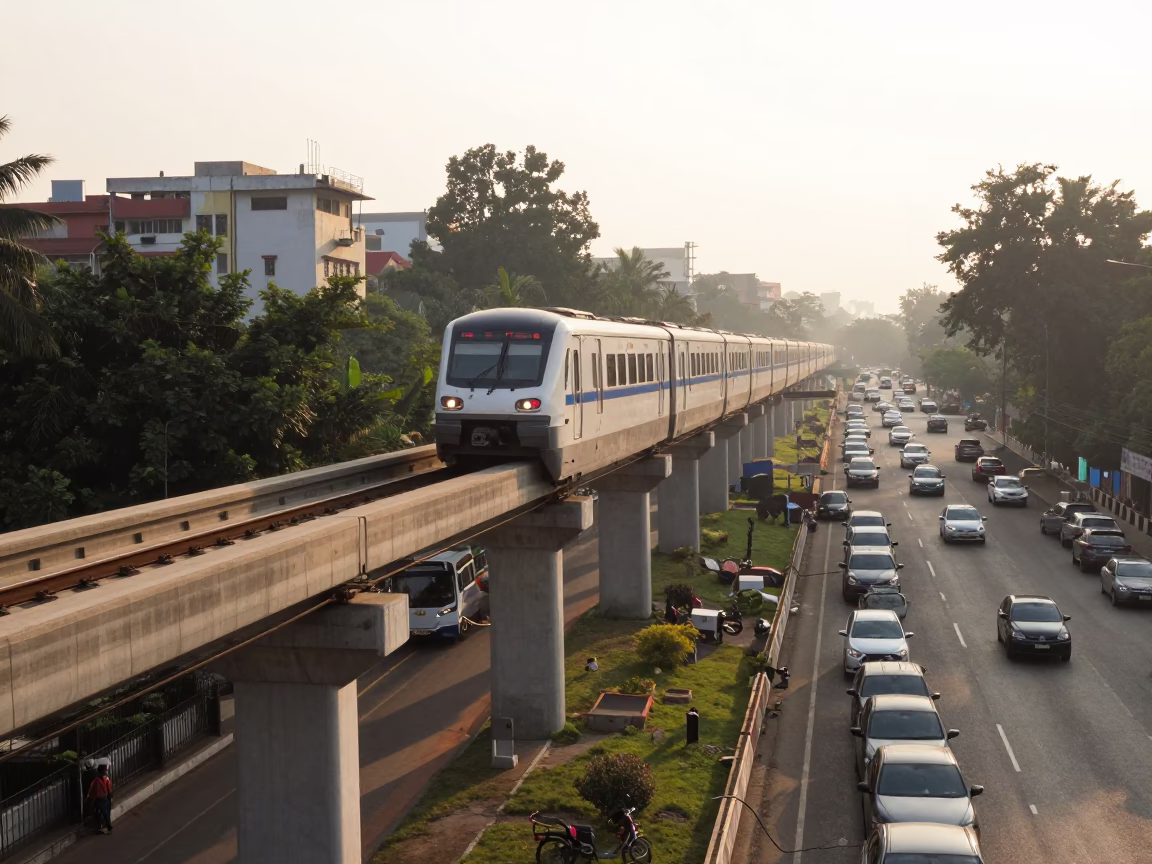 Morning Light on Hyderabad Monorail Tracks Above Bustling City Street in India in in Hyderabad, India