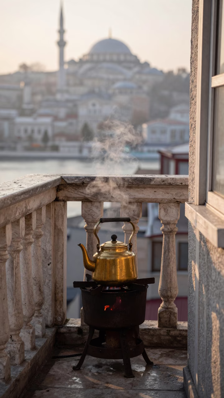 Morning light on Istanbul balcony with tea kettle and linen curtains in in Istanbul, Turkey