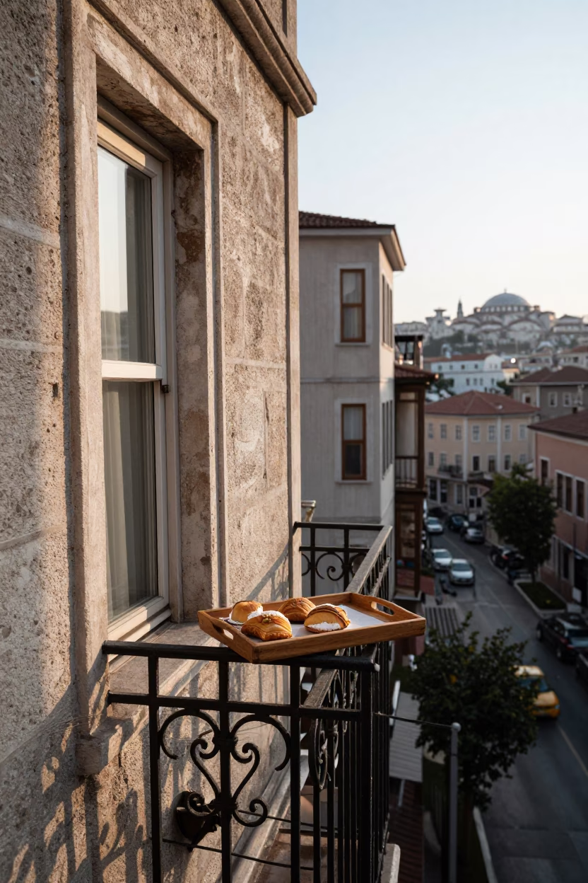 Morning Light on Istanbul Balcony with Traditional Sfogliatelle and Tea Culture in in Istanbul, Turkey