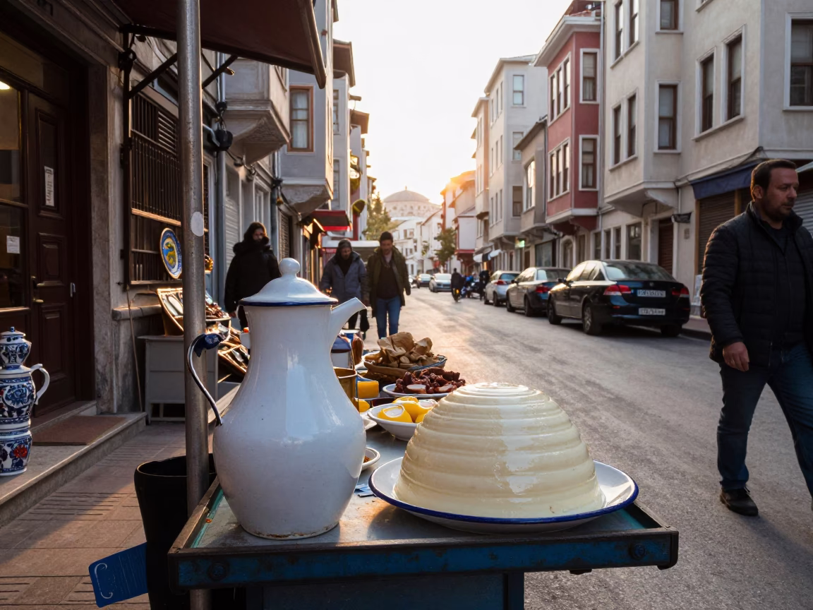 Morning Light on Istanbul Street with Enamel Pitcher and Ceramic Cheese Dome in in Istanbul, Turkey