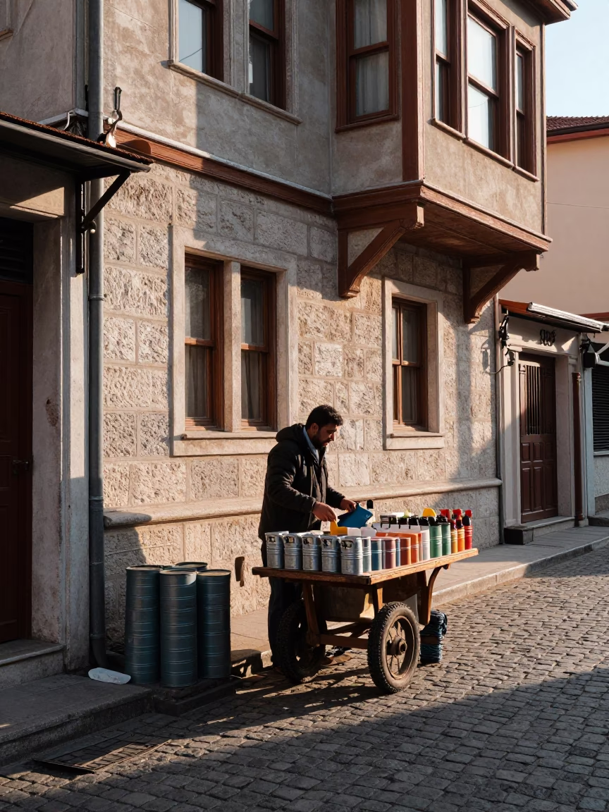 Morning light on Istanbul street with storage tin and hair comb in in Istanbul, Turkey